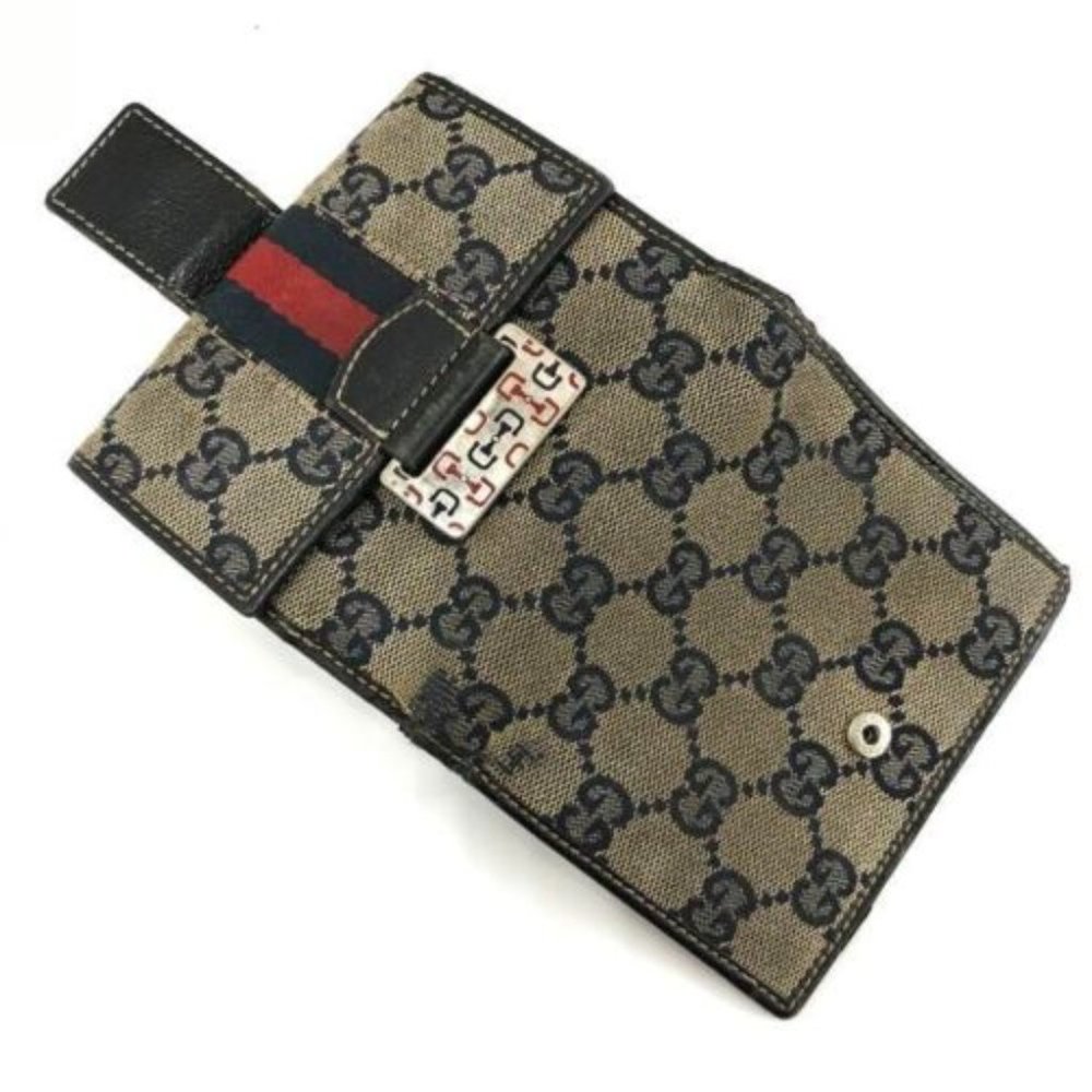 Authentic GUCCI Bifold Wallet Card Coin Case Purse Brown Navy With Box - Picture 4 of 10
